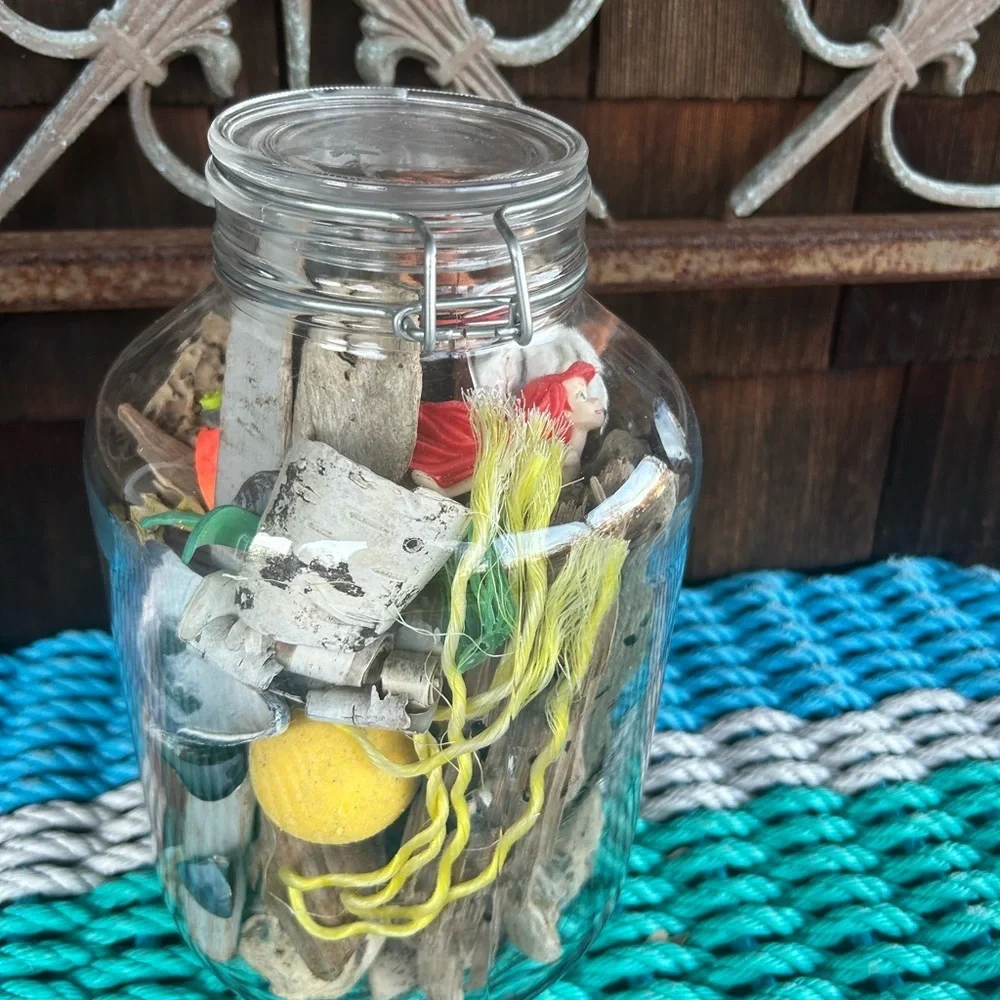 Large Italian Glass Jar Filled with Montauk Beach Finds. Driftwood, buoy pieces